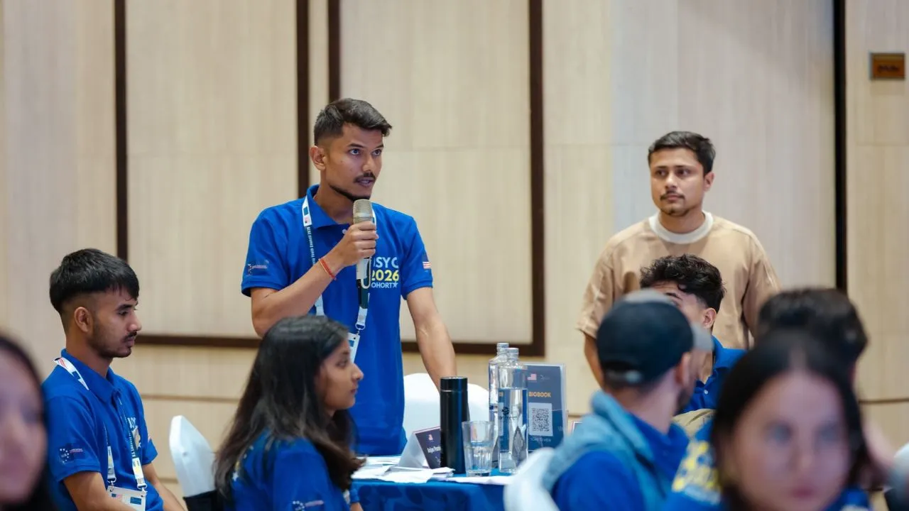 Ravindra Yadav speaking during the USYC 2026 Business Communication Workshop in Kathmandu